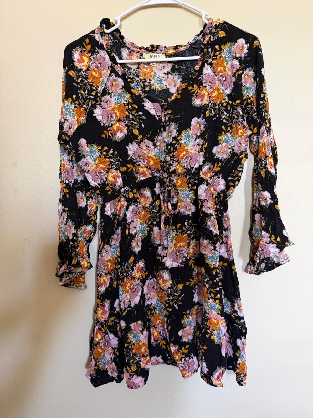 Kori Black Floral V-Neck Tie-Waist Mini Dress with Pink & Mustard Blooms Size S